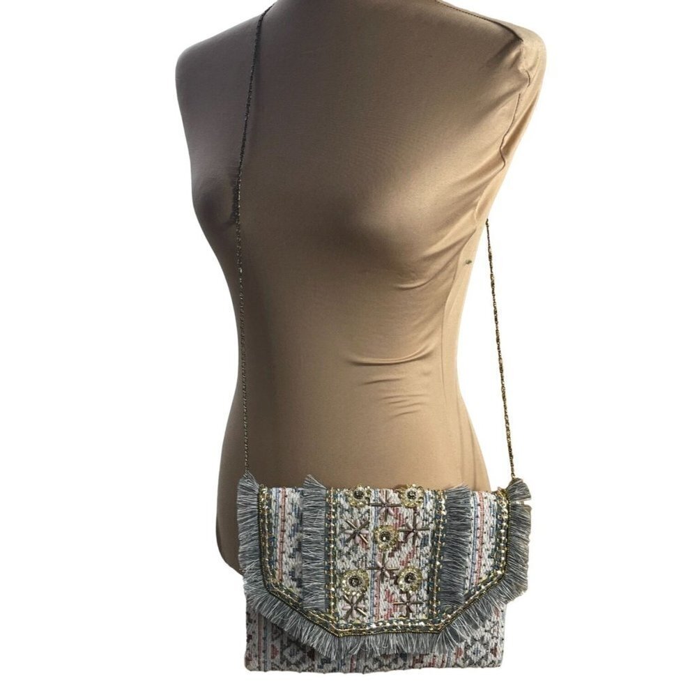 Versona Tweed Sequin Handbag Purse Envelope Bag Crossbody Grey Blue